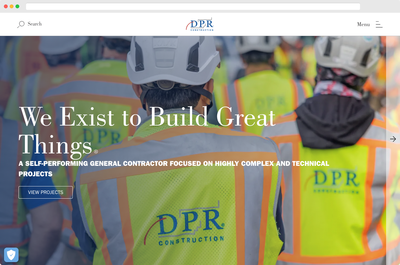 DPR Construction website with interactive project maps, team bios, and a focus on company culture
