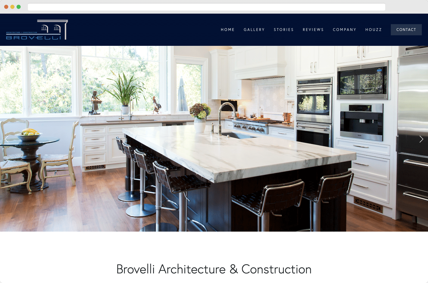 Homepage of Brovelli Design Build showcasing high-end residential remodels with elegant, modern web design and clear navigation