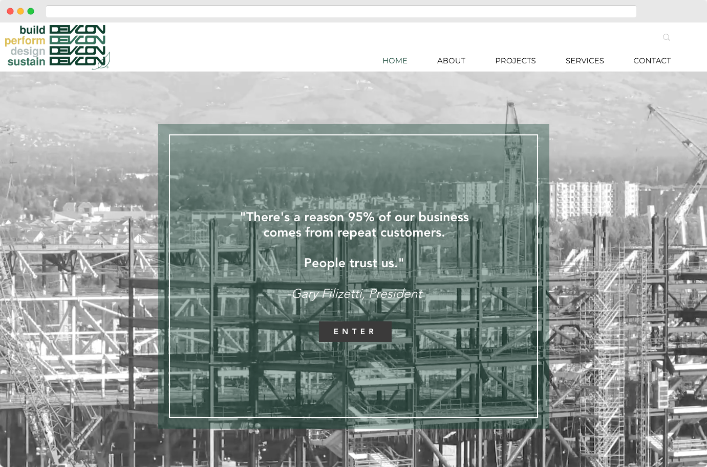 Devcon Construction website with minimalistic design, fast loading speed, and focus on tech infrastructure