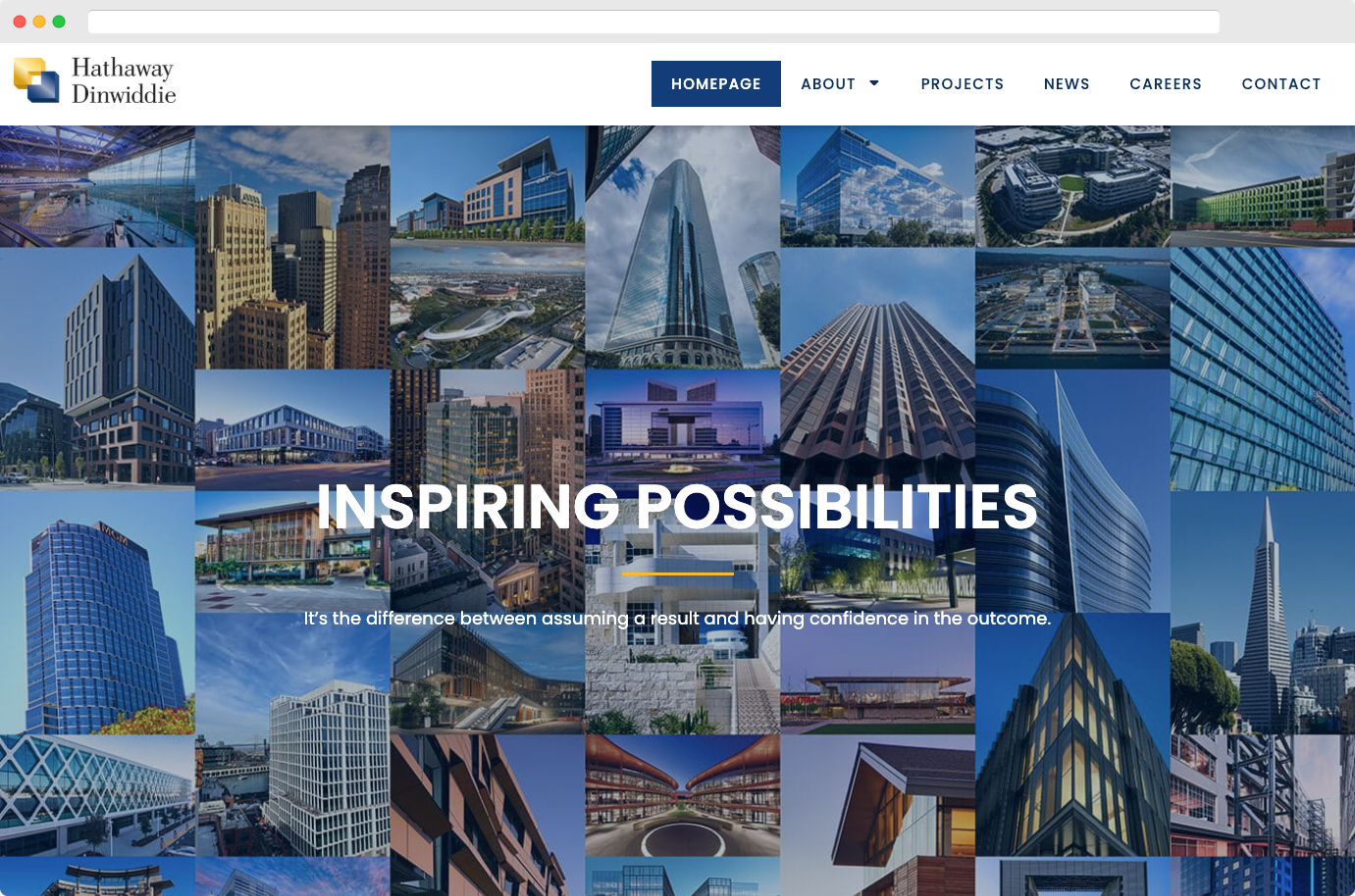 Hathaway Dinwiddie Construction website with timeless layout, clean project visuals, and subtle animations