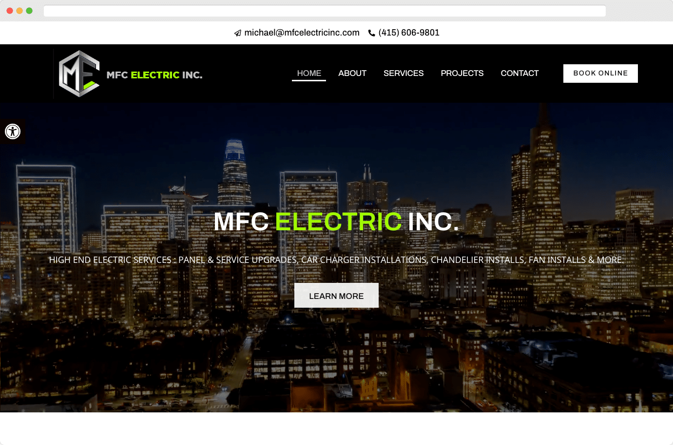 Screenshot of MFC Electric Inc. website with simple navigation, service highlights, and mobile-friendly design