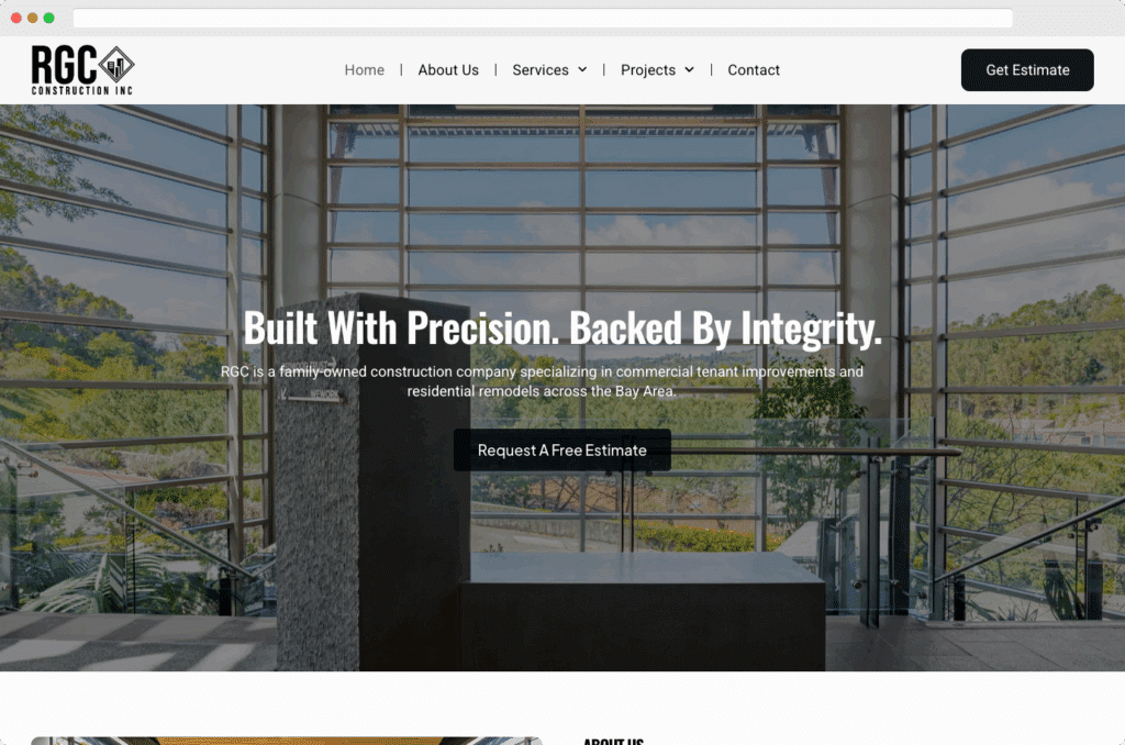 RGC Construction website featuring a clean, professional layout with project categories and strong calls to action