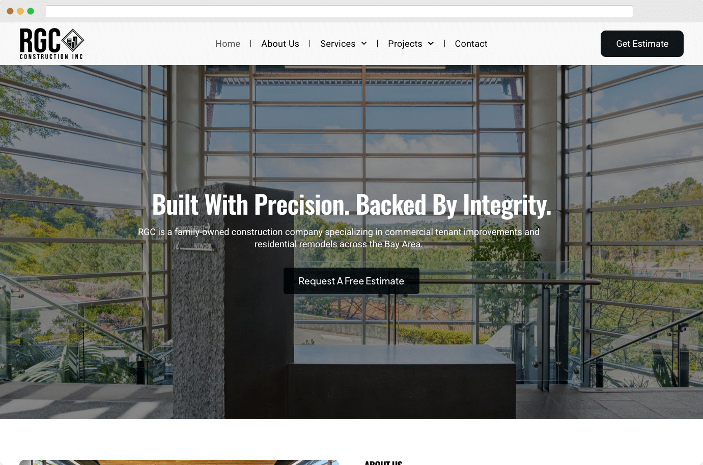 RGC Construction website featuring a clean, professional layout with project categories and strong calls to action