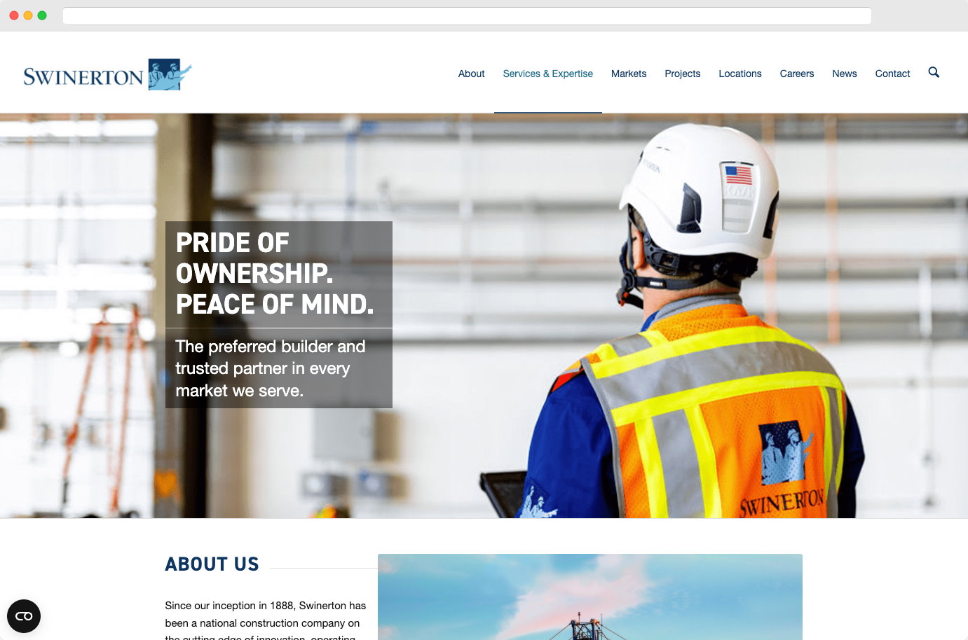 Swinerton Builders homepage showcasing organized content structure and professional commercial construction branding