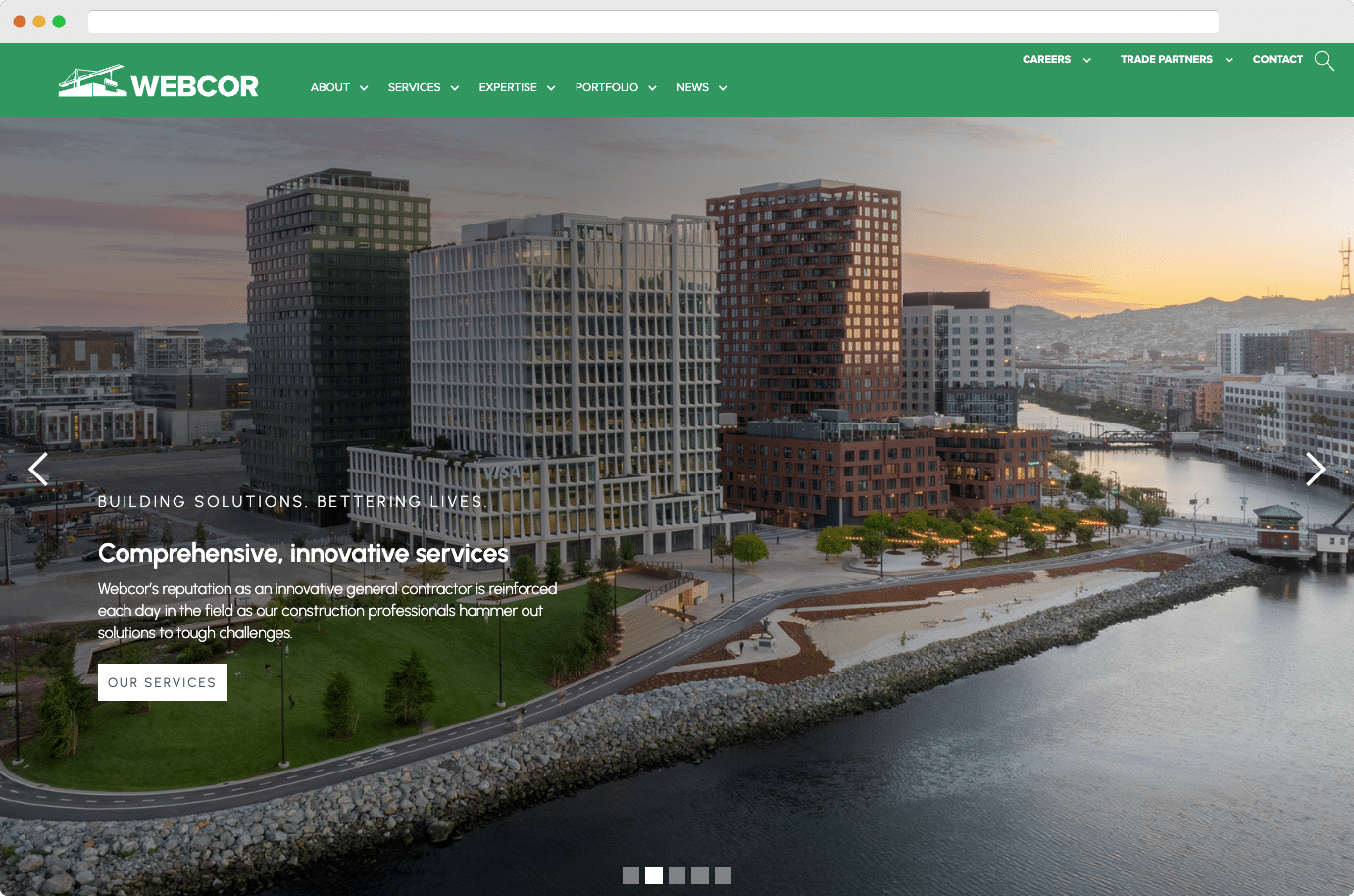 Webcor Builders website with minimalist corporate branding and a strong focus on client results and case studies