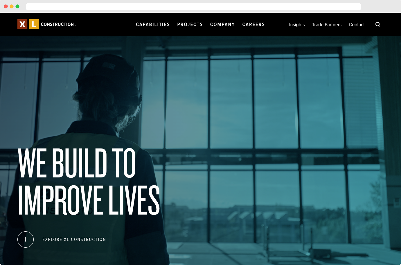 XL Construction homepage emphasizing clear messaging, impact metrics, and mobile-first design